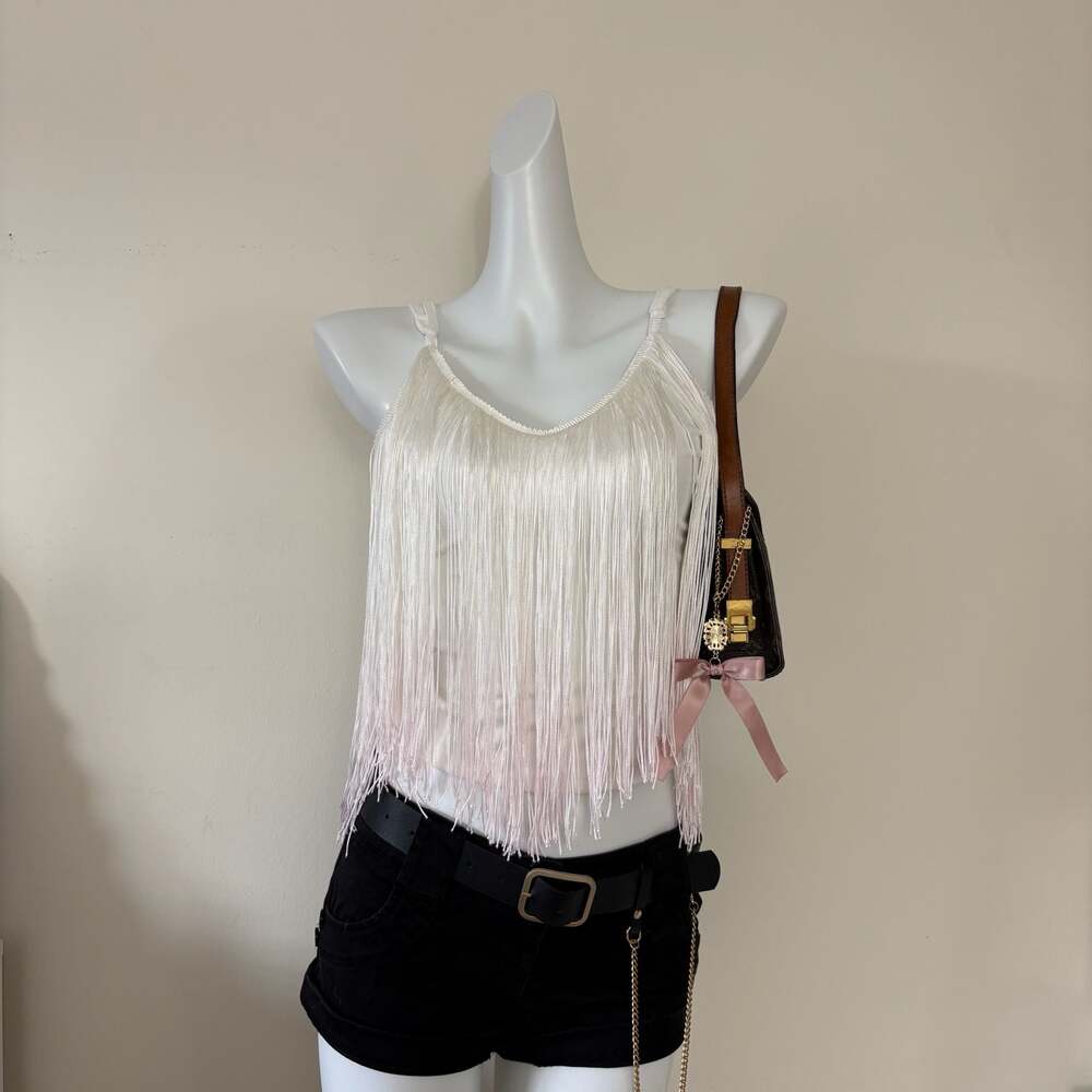White Fringe Trim V-Neck Cami Tank Top with Pink Gradient Tassel Detail